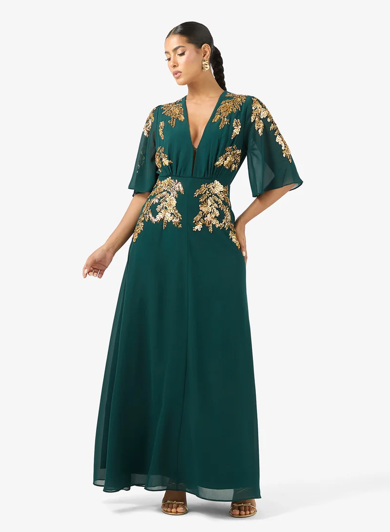 Plunge Front Embellished   Flutter Sleeve Maxi Dress