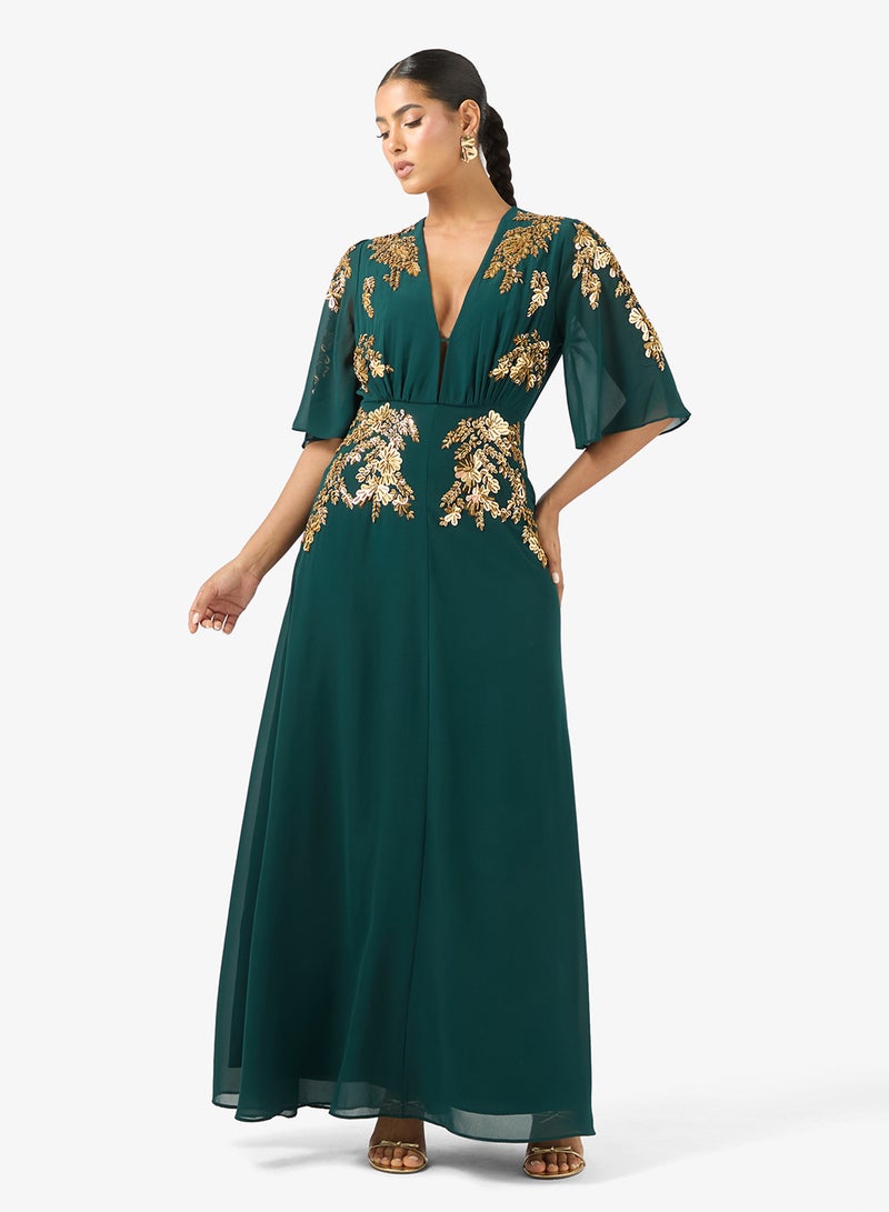 Hope & Ivy Plunge Front Embellished   Flutter Sleeve Maxi Dress - Image 1