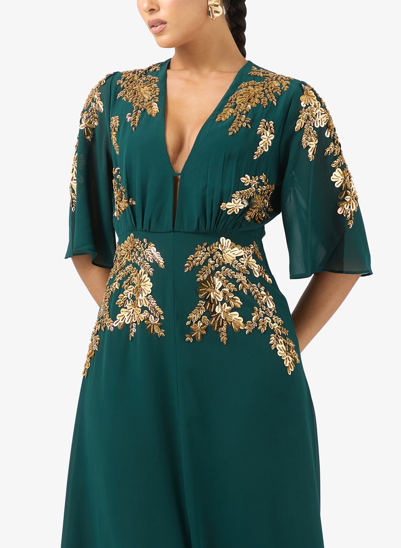 Hope & Ivy Plunge Front Embellished   Flutter Sleeve Maxi Dress - Image 3