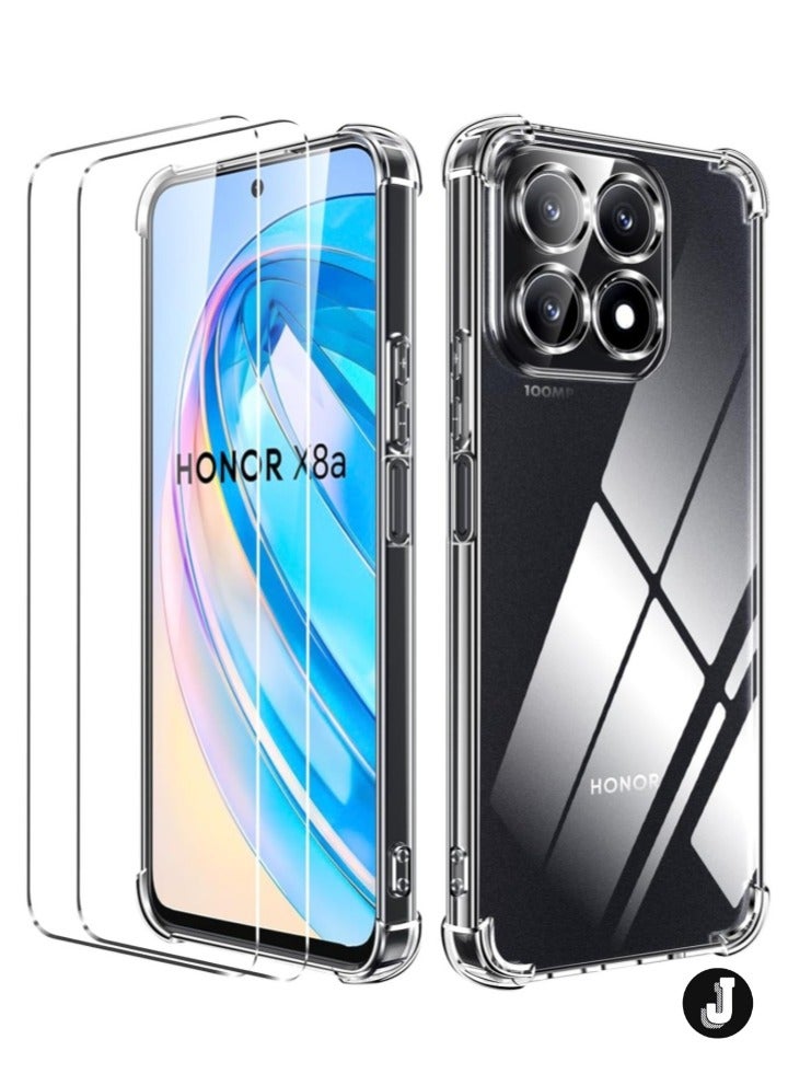JAJEEK "Case for Honor X8a with 2 Pieces Tempered Glass Screen Protector – Soft Clear TPU Cover, Shockproof Air Cushion Bumper Protection" - Image 1
