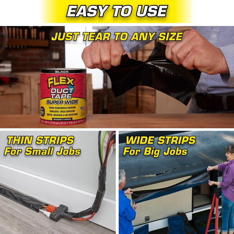 Flex Seal Flex Duct Tape, Super Wide, 4.6 Inches x 20 Feet, Black, Heavy Duty Strong, Multi-Surface, Water, Weather and UV Resistant, Tearable, Perfect for Boxes, No Residue - Image 5