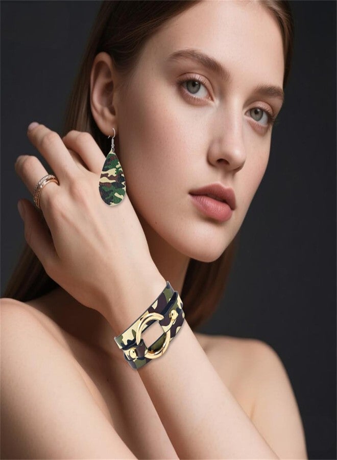 طقم أساور وأقراط جلدية مموهة من RLHRNDE للنساء والرجال، تصميم بوهيمي للجنسين، سوار جلدي متعدد الطبقات، خفيف الوزن، أنيق، بنقشة الفهد والنمر، أقراط من الجلد الصناعي على شكل دمعة، مجوهرات أزياء مموهة (تمويه). - Image 5