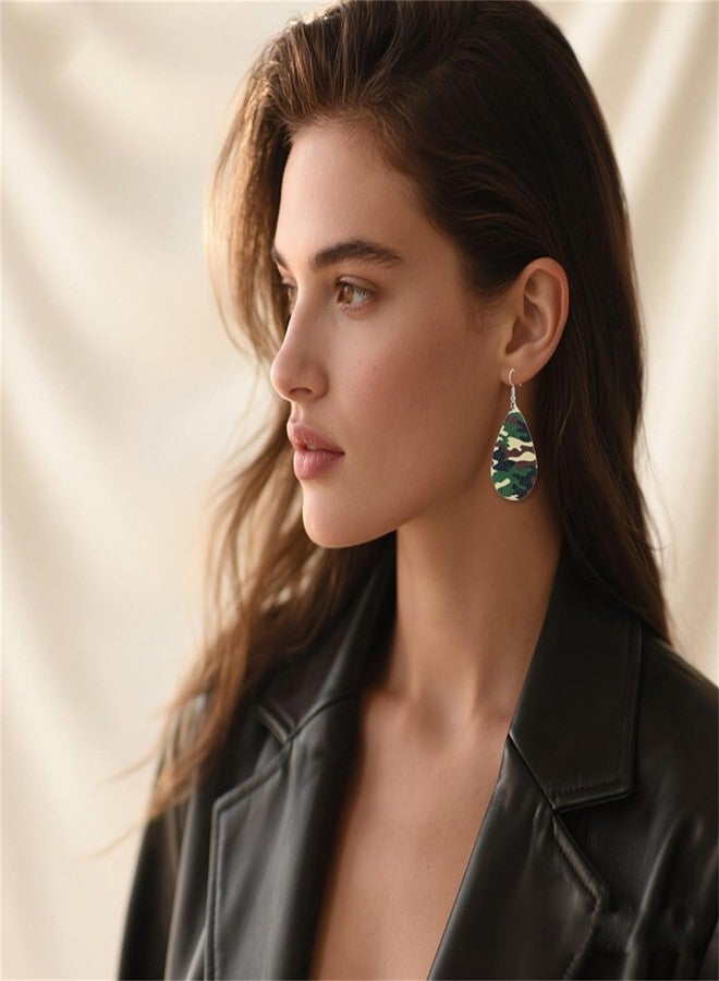 طقم أساور وأقراط جلدية مموهة من RLHRNDE للنساء والرجال، تصميم بوهيمي للجنسين، سوار جلدي متعدد الطبقات، خفيف الوزن، أنيق، بنقشة الفهد والنمر، أقراط من الجلد الصناعي على شكل دمعة، مجوهرات أزياء مموهة (تمويه). - Image 4