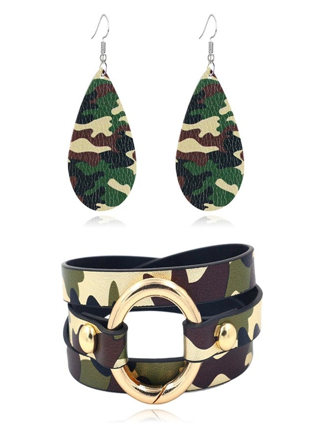 طقم أساور وأقراط جلدية مموهة من RLHRNDE للنساء والرجال، تصميم بوهيمي للجنسين، سوار جلدي متعدد الطبقات، خفيف الوزن، أنيق، بنقشة الفهد والنمر، أقراط من الجلد الصناعي على شكل دمعة، مجوهرات أزياء مموهة (تمويه). - Image 1