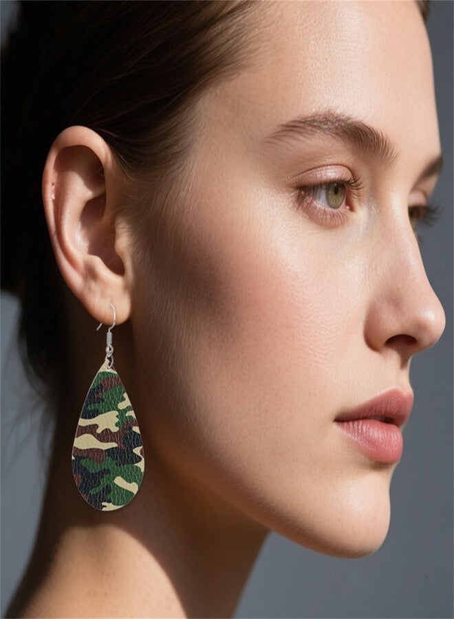 طقم أساور وأقراط جلدية مموهة من RLHRNDE للنساء والرجال، تصميم بوهيمي للجنسين، سوار جلدي متعدد الطبقات، خفيف الوزن، أنيق، بنقشة الفهد والنمر، أقراط من الجلد الصناعي على شكل دمعة، مجوهرات أزياء مموهة (تمويه). - Image 2