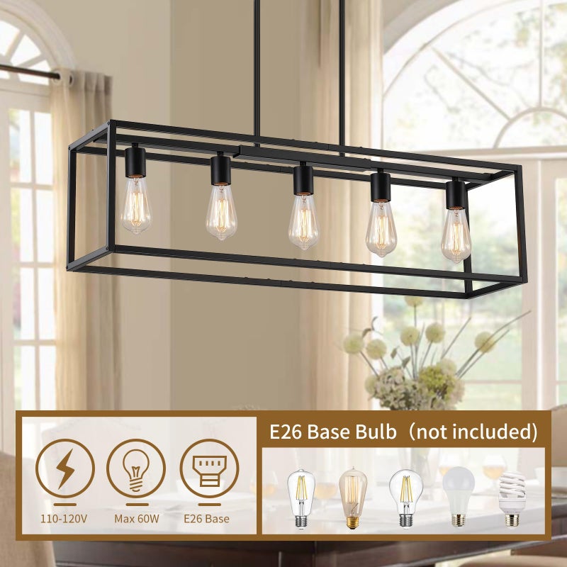 Yusist 5-Light Dining Room Light Fixture,Black Farmhouse Kitchen Island Lighting,Rustic Pendant Light Over Table with Adjustable Rods,Modern Linear Chandeliers for Dining Room Kitchen Island - Image 2