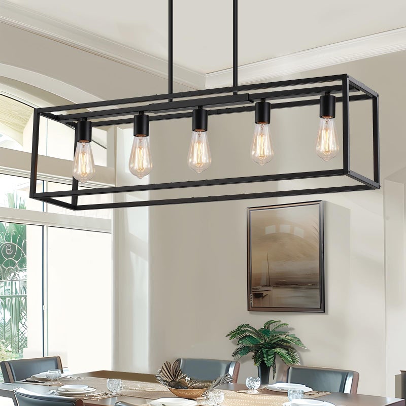 Yusist 5-Light Dining Room Light Fixture,Black Farmhouse Kitchen Island Lighting,Rustic Pendant Light Over Table with Adjustable Rods,Modern Linear Chandeliers for Dining Room Kitchen Island - Image 1