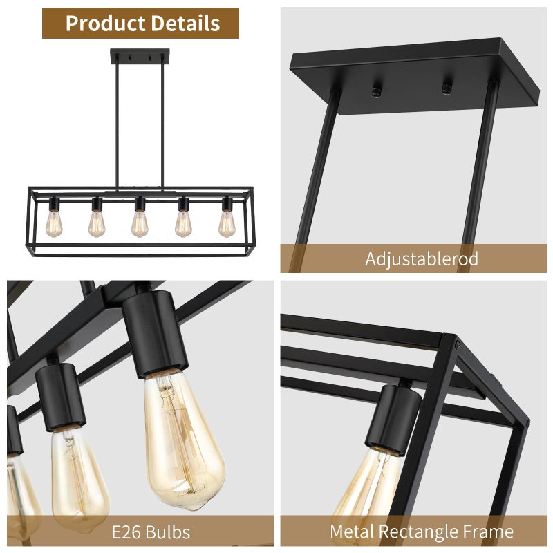 Yusist 5-Light Dining Room Light Fixture,Black Farmhouse Kitchen Island Lighting,Rustic Pendant Light Over Table with Adjustable Rods,Modern Linear Chandeliers for Dining Room Kitchen Island - Image 5