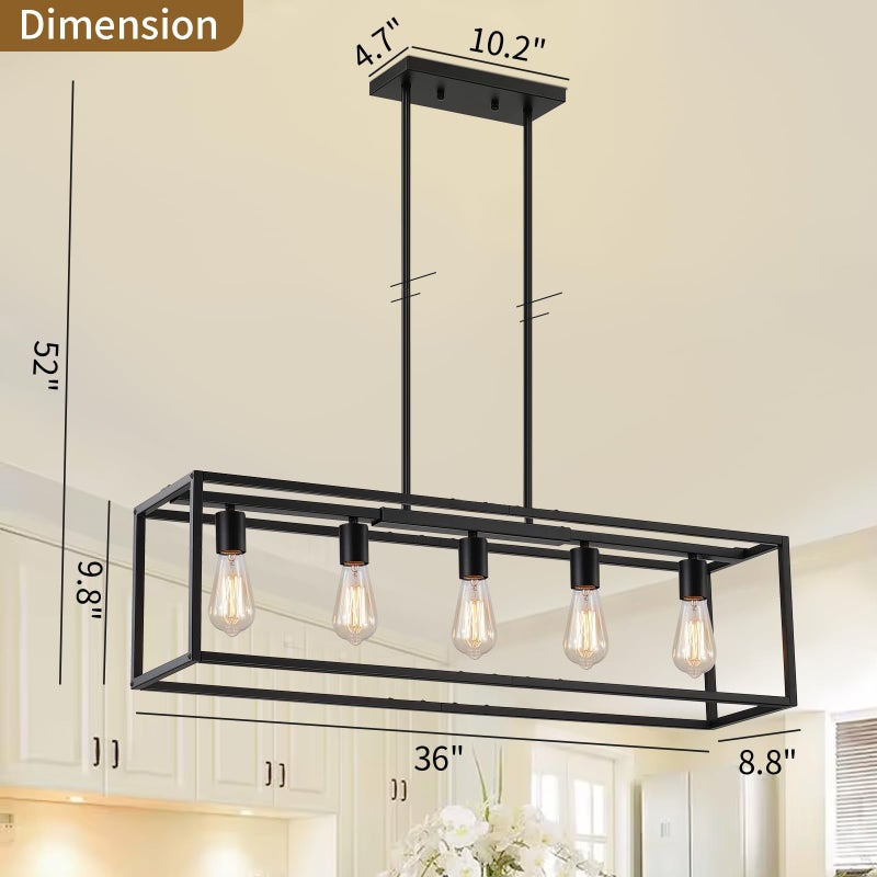 Yusist 5-Light Dining Room Light Fixture,Black Farmhouse Kitchen Island Lighting,Rustic Pendant Light Over Table with Adjustable Rods,Modern Linear Chandeliers for Dining Room Kitchen Island - Image 3