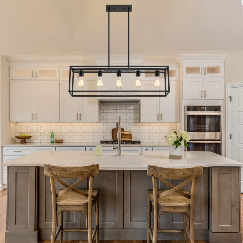 Yusist 5-Light Dining Room Light Fixture,Black Farmhouse Kitchen Island Lighting,Rustic Pendant Light Over Table with Adjustable Rods,Modern Linear Chandeliers for Dining Room Kitchen Island - Image 4