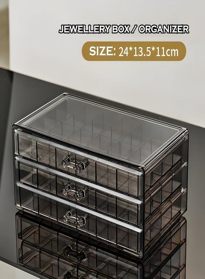 CERT Jewellery Box Organizer for Women – 3 Drawers with 24 Grids Each | Clear Acrylic Earrings, Rings & Necklace Storage Case | Transparent Jewellery Organizer Box for Home & Travel - Image 5