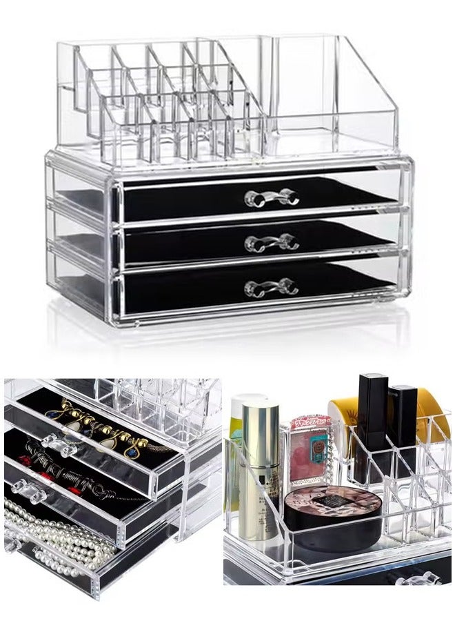 4 Tier Clear Cosmetic Organizer with 3 Drawer，Jewelry Storage Box，Countertop Organizer for Cosmetics，Vanity Cosmetic Display Cases Storage，Suitable for Storaging Skin Care Products，Jewelry and Cosme - Image 1