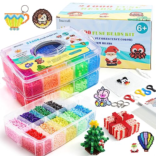 Inscraft Fuse Beads, 21,000 pcs Fuse Beads Kit 22 Colors 5MM for Kids, Including 8 Ironing Paper,48 Patterns, 4 Pegboards, Tweezers, Beads Compatible Kit by INSCRAFT - Image 1