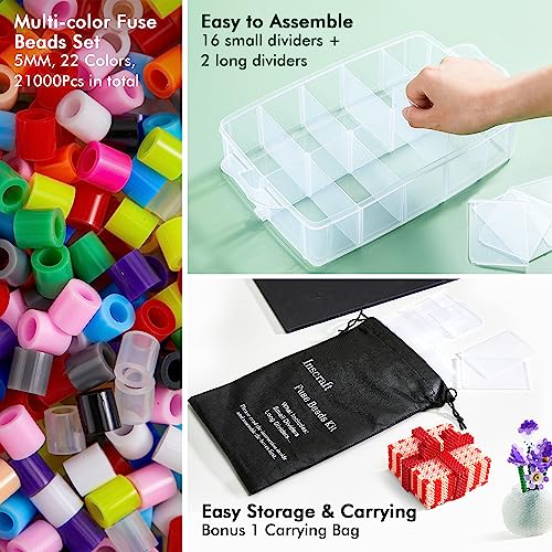 Inscraft Fuse Beads, 21,000 pcs Fuse Beads Kit 22 Colors 5MM for Kids, Including 8 Ironing Paper,48 Patterns, 4 Pegboards, Tweezers, Beads Compatible Kit by INSCRAFT - Image 2
