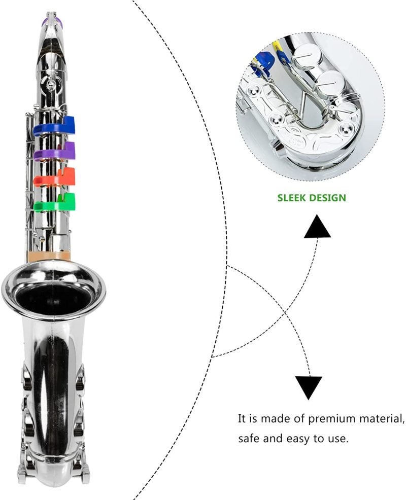 Kids Saxophone Toy M Plastic Musical Instrument - 8 Color Keys Small Horn For Children - Silver Saxophone For Kids Learning Lung Capacity Exercise Finger Sensitivity - Image 2