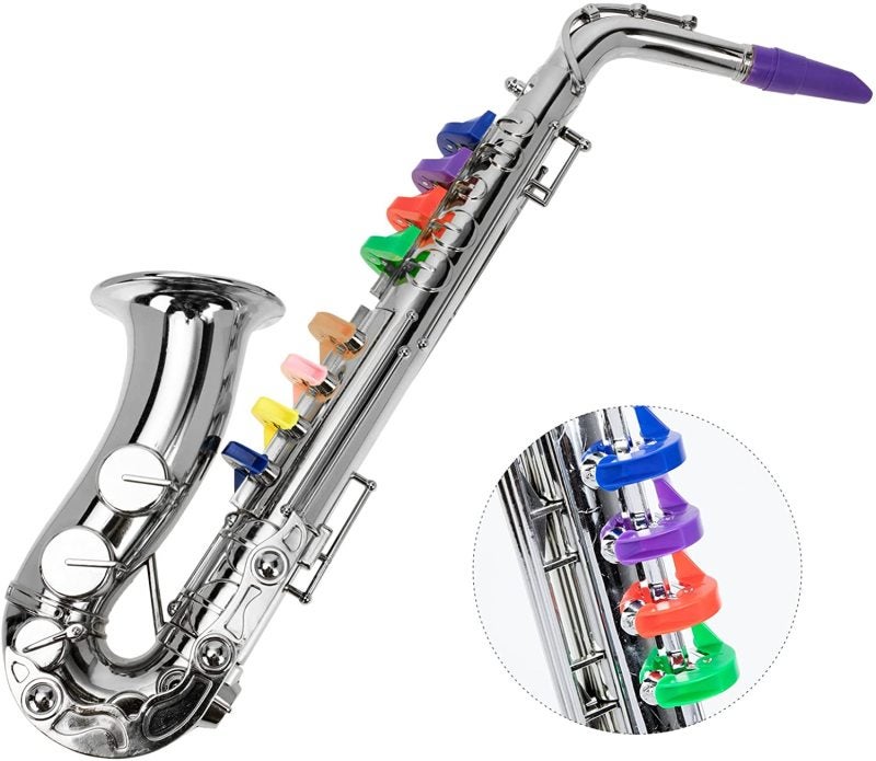 Kids Saxophone Toy M Plastic Musical Instrument - 8 Color Keys Small Horn For Children - Silver Saxophone For Kids Learning Lung Capacity Exercise Finger Sensitivity - Image 4