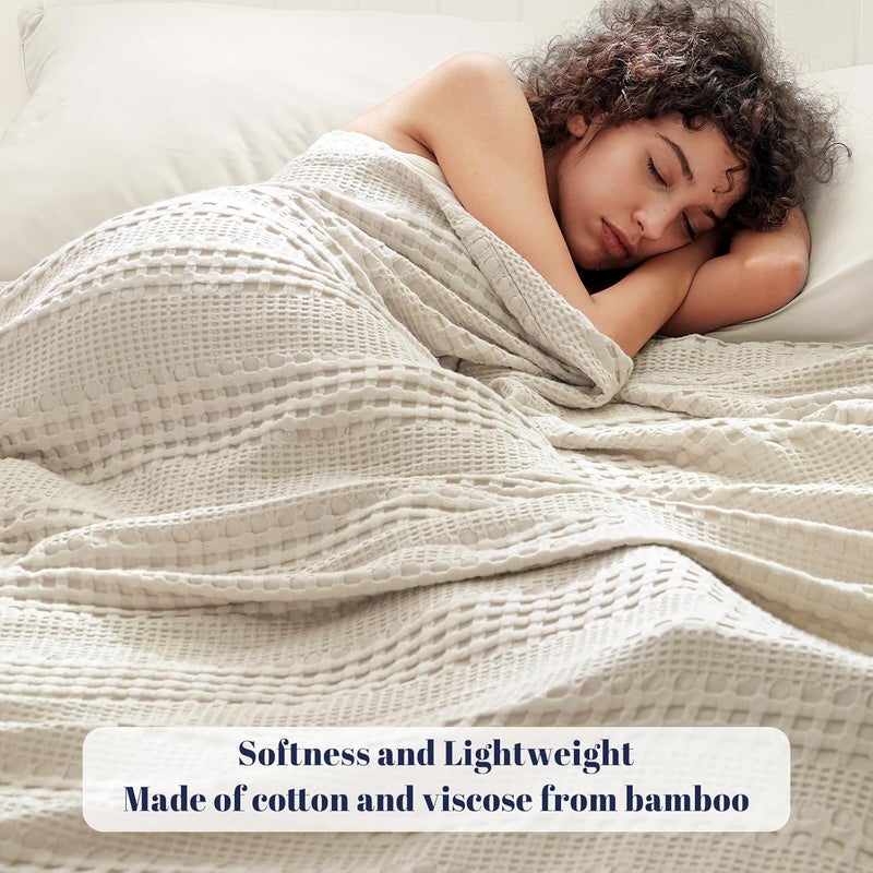 PHF Cooling Waffle Blanket California King Size, Lightweight 60% Rayon Derived from Bamboo & 40% Cotton Breathable Blanket for Hot Sleepers, Soft and Luxury for Bed Couch and Sofa, 110"x96", Linen - Image 2