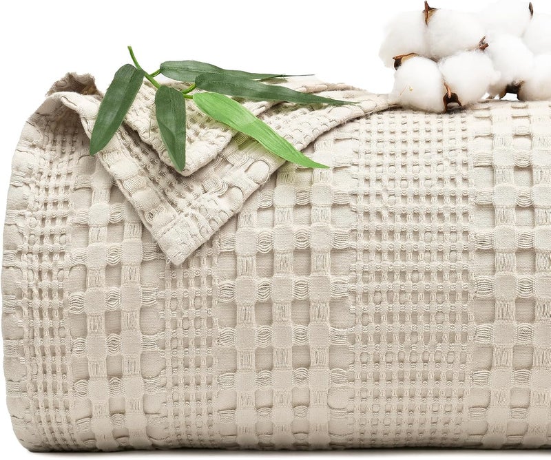 PHF Cooling Waffle Blanket California King Size, Lightweight 60% Rayon Derived from Bamboo & 40% Cotton Breathable Blanket for Hot Sleepers, Soft and Luxury for Bed Couch and Sofa, 110"x96", Linen - Image 1