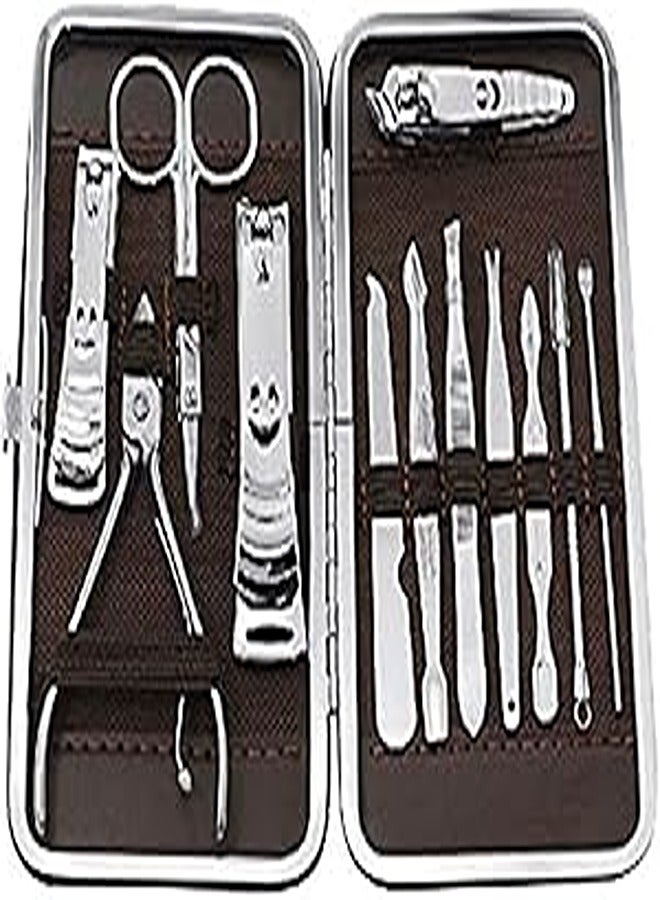 Stainless Steel Manicure Set with Scissors, Nail Clippers Dig Earwax Spoon Health and Beauty Bags Tweezers, 12 Pieces