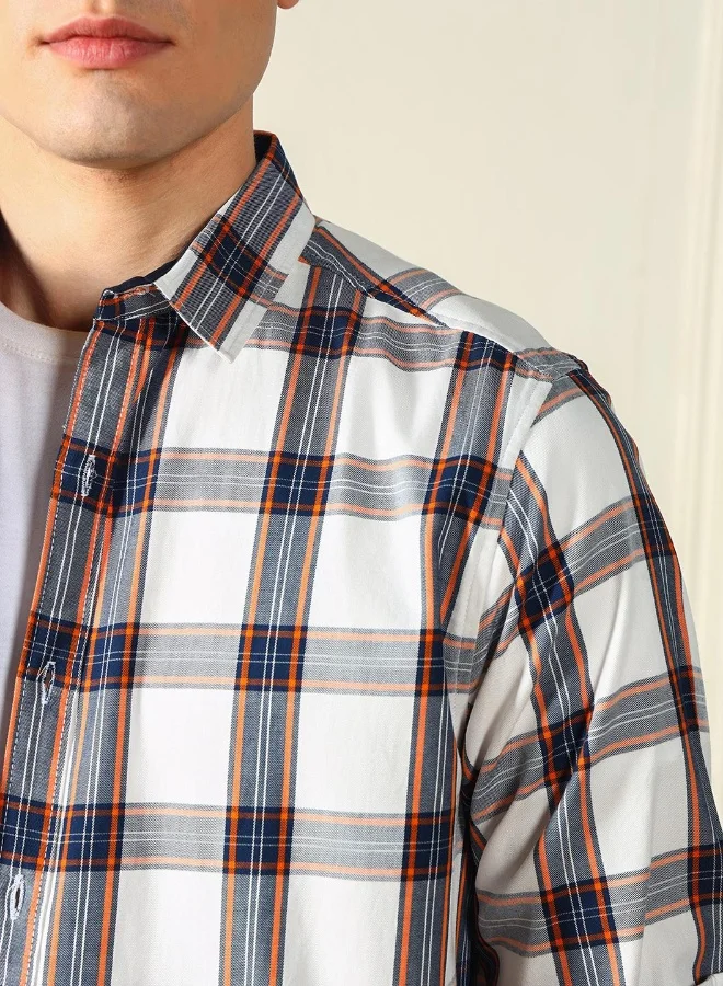 دينيس لينغو Men's White 100% Cotton Checkered Regular FiT-Shirt