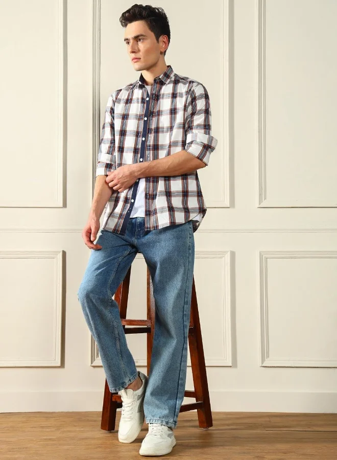 دينيس لينغو Men's White 100% Cotton Checkered Regular FiT-Shirt