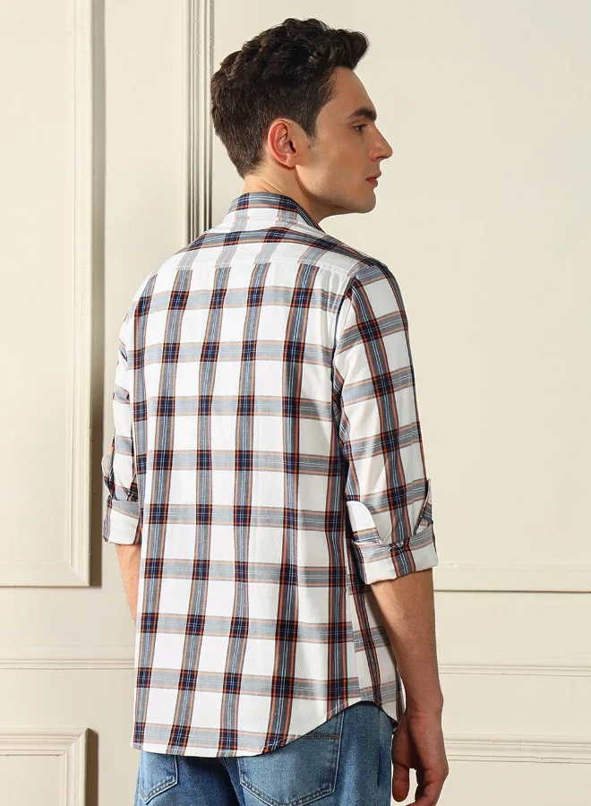 دينيس لينغو Men's White 100% Cotton Checkered Regular FiT-Shirt