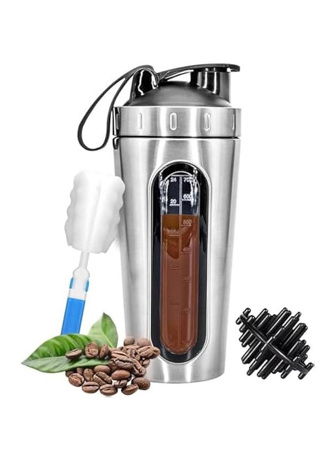 HOOKOR - Stainless Steel Protein Shaker Bottle with Mixing Ball,Leak-Proof Protien Shakers Cup, Visible Measuring Window,Safe BPA Free Blender Bottles for Protein Mixes 28oz Gym Workout Fitness (Silver) - Image 1