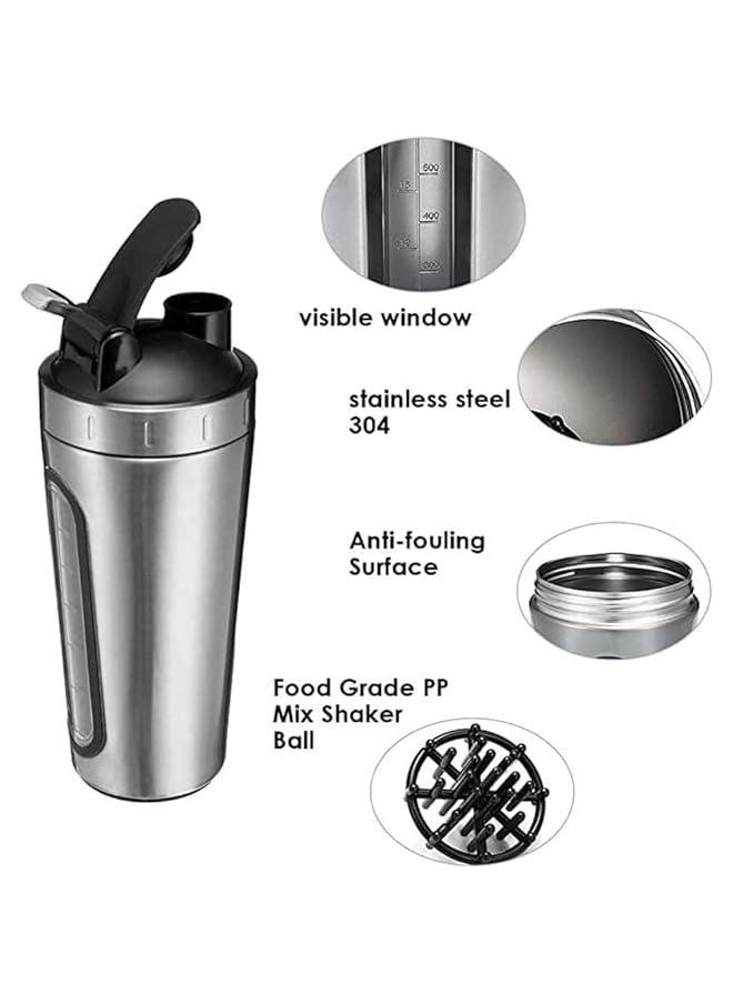 HOOKOR - Stainless Steel Protein Shaker Bottle with Mixing Ball,Leak-Proof Protien Shakers Cup, Visible Measuring Window,Safe BPA Free Blender Bottles for Protein Mixes 28oz Gym Workout Fitness (Silver) - Image 1