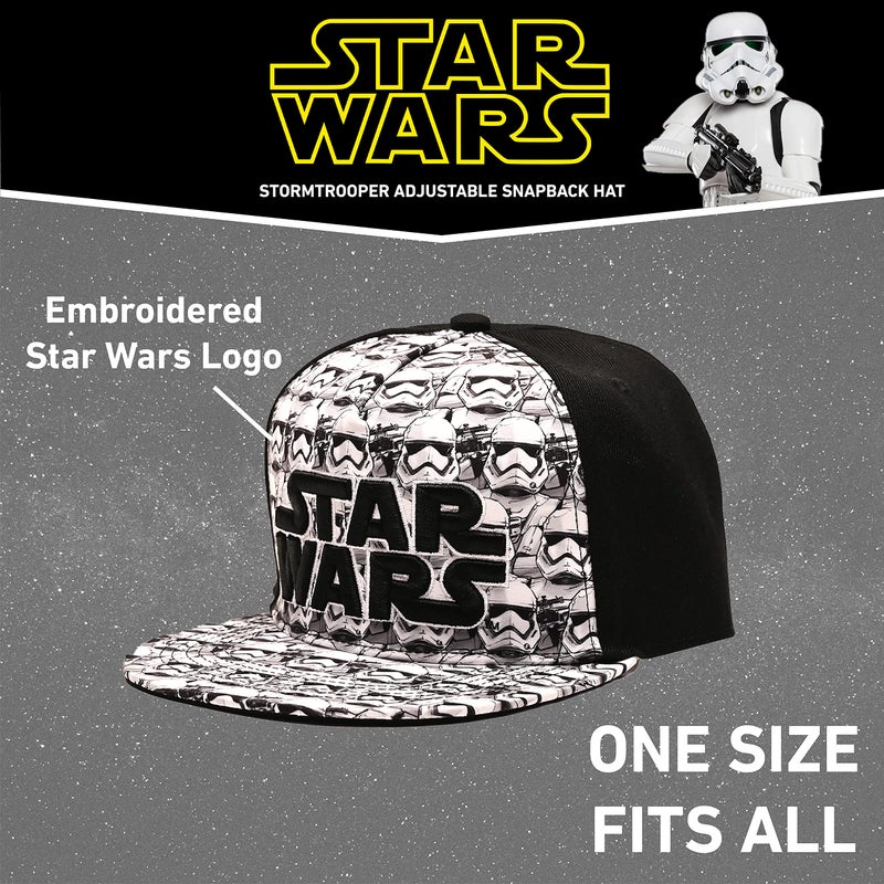 Disney mens Star Wars Embroidered Logo and Stormtrooper All Over Adjustable Snapback Baseball Hat with Flat Brim Black White One Size, Black, One Size US - Image 4