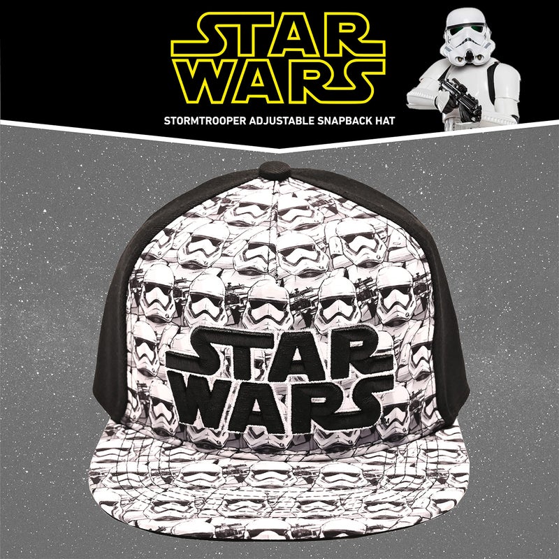 Disney mens Star Wars Embroidered Logo and Stormtrooper All Over Adjustable Snapback Baseball Hat with Flat Brim Black White One Size, Black, One Size US - Image 2