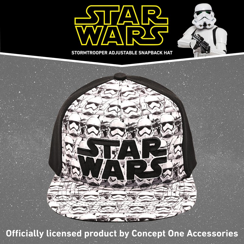 Disney mens Star Wars Embroidered Logo and Stormtrooper All Over Adjustable Snapback Baseball Hat with Flat Brim Black White One Size, Black, One Size US - Image 5