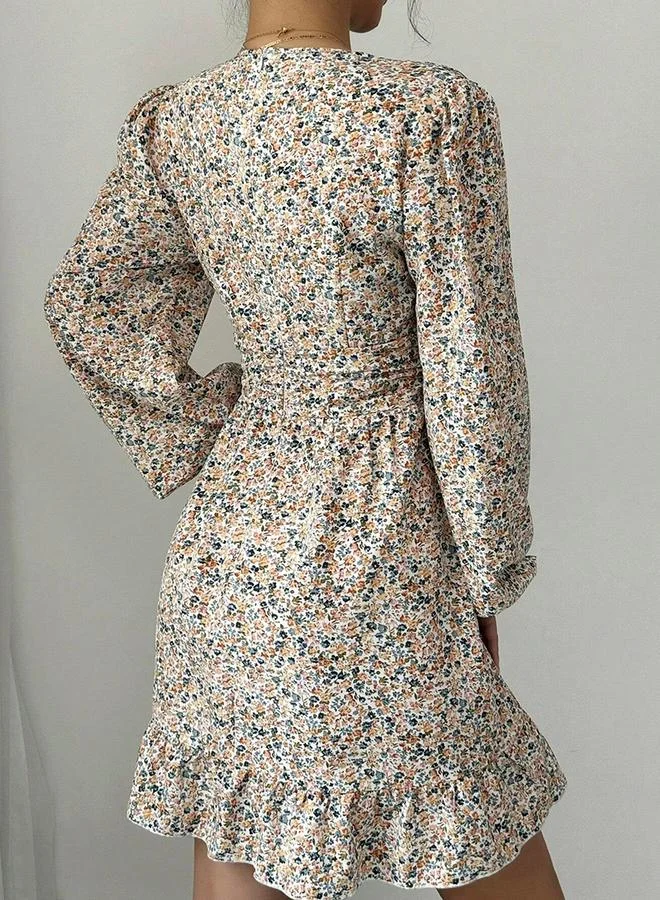 Take Two Women's Allover Printed V Neck Lantern Sleeve Mini Dress