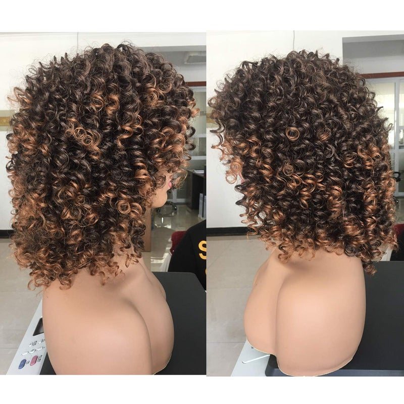 Annivia Short Curly Wigs for Black Women with Bangs Big Bouncy Fluffy Kinky Curly Wigs Heat Resist Soft Synthetic 2Tone Ombre Darkest Brown Short Curly Afro Wig - Image 5