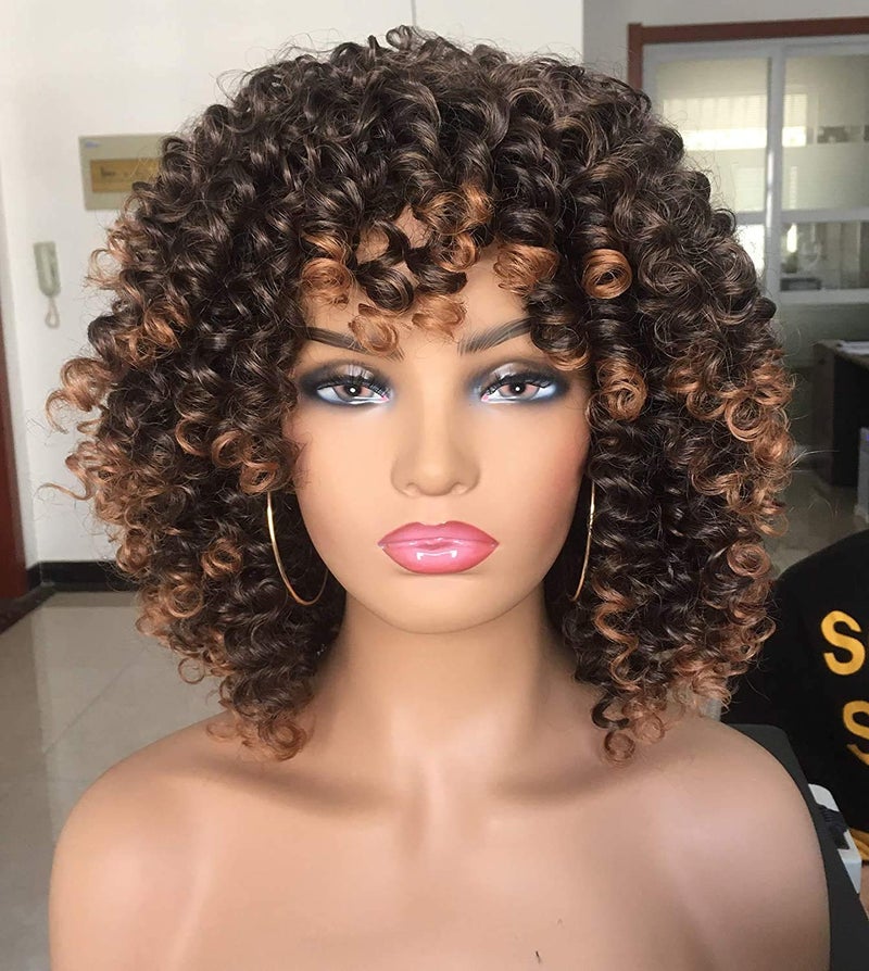 Annivia Short Curly Wigs for Black Women with Bangs Big Bouncy Fluffy Kinky Curly Wigs Heat Resist Soft Synthetic 2Tone Ombre Darkest Brown Short Curly Afro Wig - Image 1