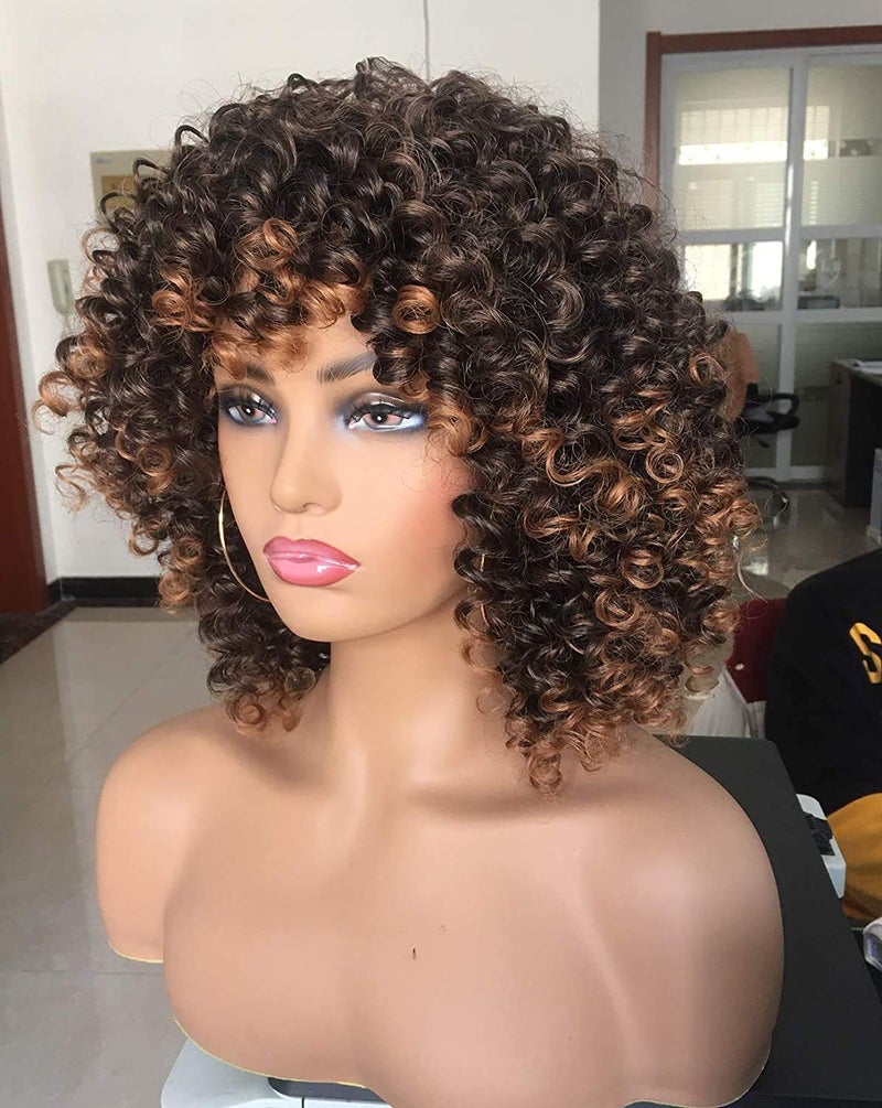 Annivia Short Curly Wigs for Black Women with Bangs Big Bouncy Fluffy Kinky Curly Wigs Heat Resist Soft Synthetic 2Tone Ombre Darkest Brown Short Curly Afro Wig - Image 2