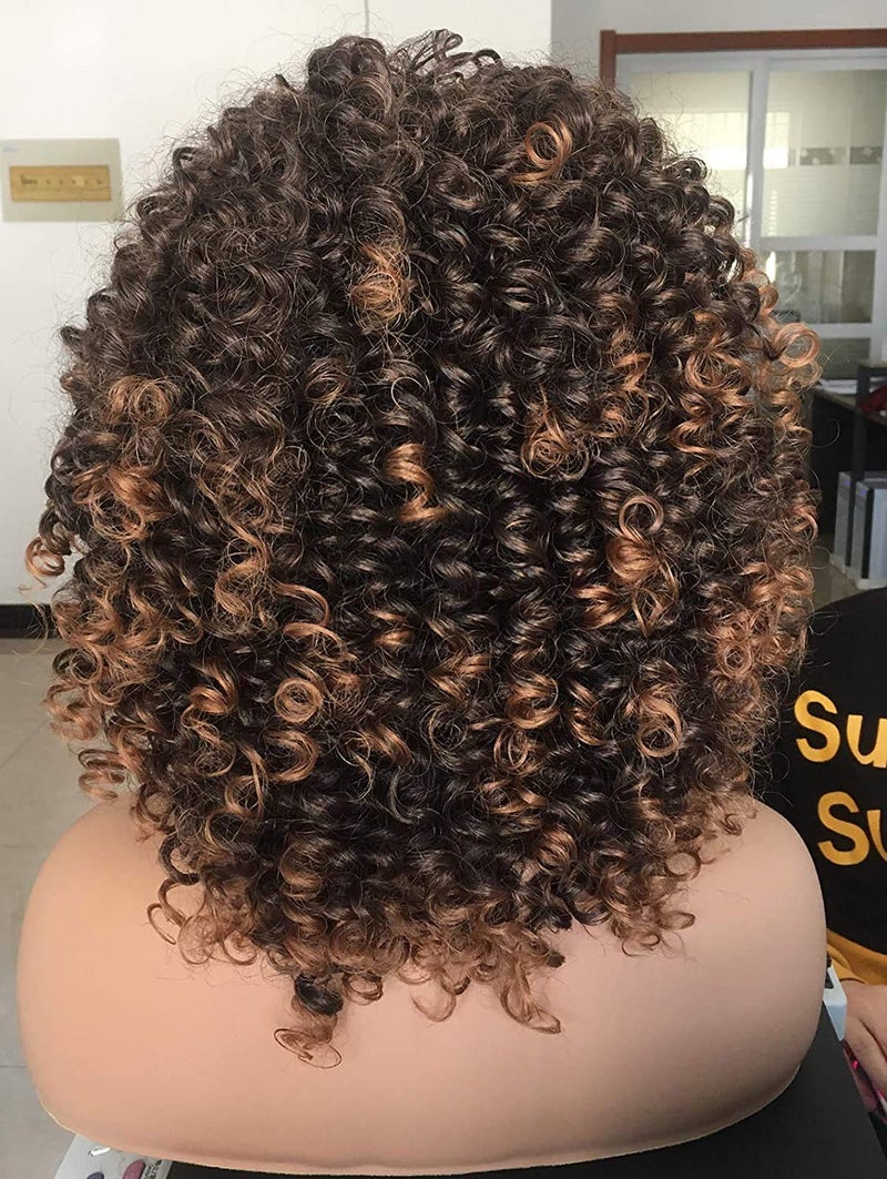 Annivia Short Curly Wigs for Black Women with Bangs Big Bouncy Fluffy Kinky Curly Wigs Heat Resist Soft Synthetic 2Tone Ombre Darkest Brown Short Curly Afro Wig - Image 3