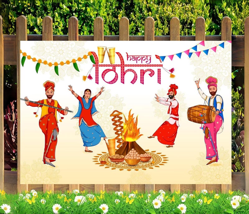 CORFOTO 7x5ft Fabric Happy Lohri Festival Backdrop Cartoon Indian People Punjabi Religious Holiday Background for Harvesting Festival Party Decorations Banner Kids Adults Photo Props - Image 3