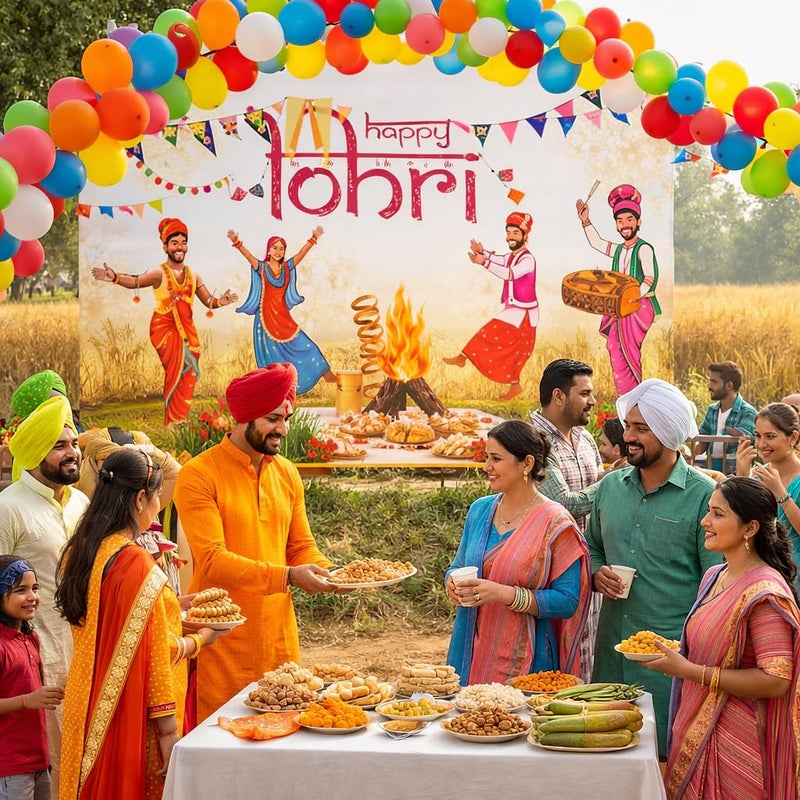 CORFOTO 7x5ft Fabric Happy Lohri Festival Backdrop Cartoon Indian People Punjabi Religious Holiday Background for Harvesting Festival Party Decorations Banner Kids Adults Photo Props - Image 2