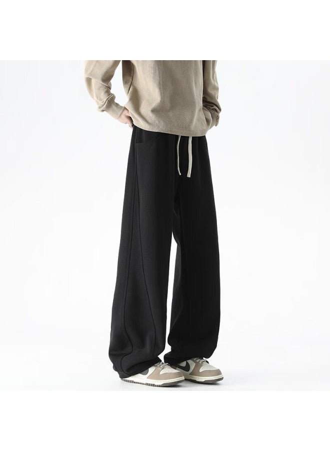 Monpoc Men's American Style Curved Blade Pants Spring Autumn Winter Trendy High Street Wide Leg Sports Casual Pants Mox32 Black 2XL - Image 1