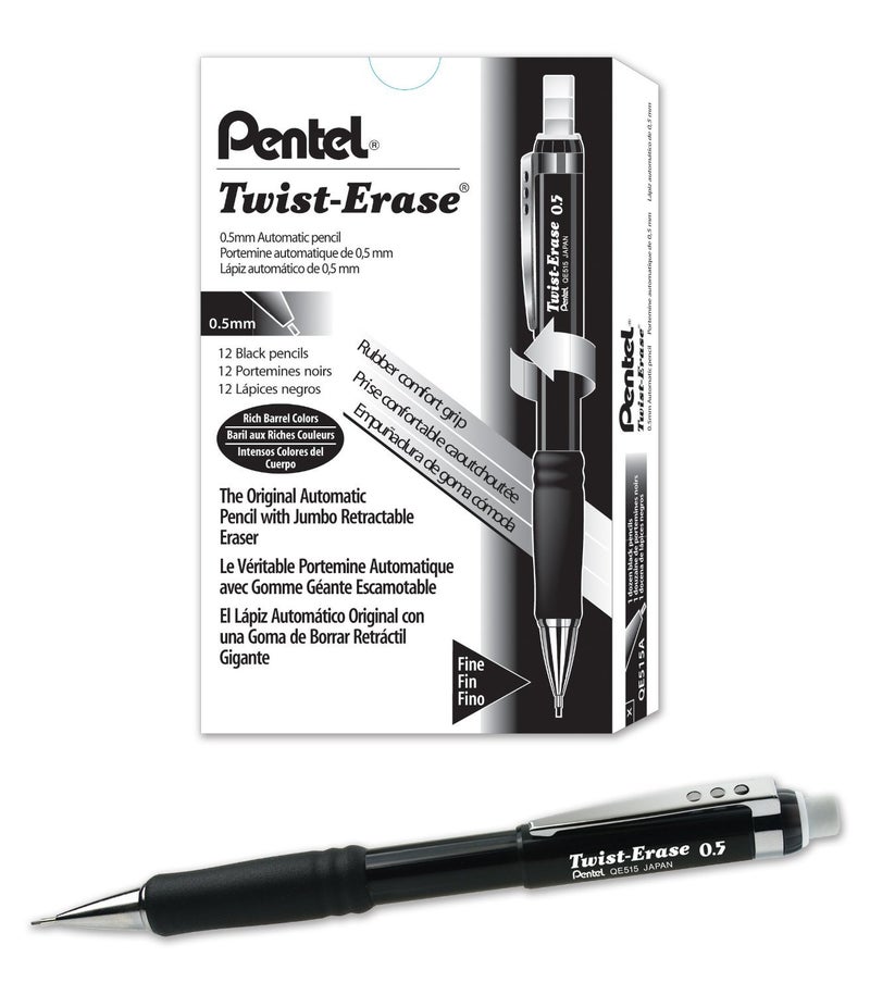 Pentel قلم رصاص ميكانيكي بنتل توست-إيراز III ، 0.5 مم ، أسود ، 12 عبوة (QE515A) - Image 1