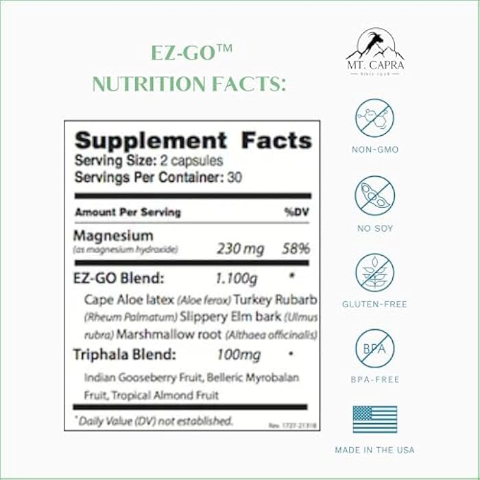 Mt Capra Mt. Capra EZ-Go Herbal Stool Softener | Non-Habit Forming, Gentle Elimination Support | Includes Cape Aloe Gel, Slippery Elm Bark, Marshmallow Root, Triphala, Magnesium and Rhubarb Root | 30 Servings - Image 2