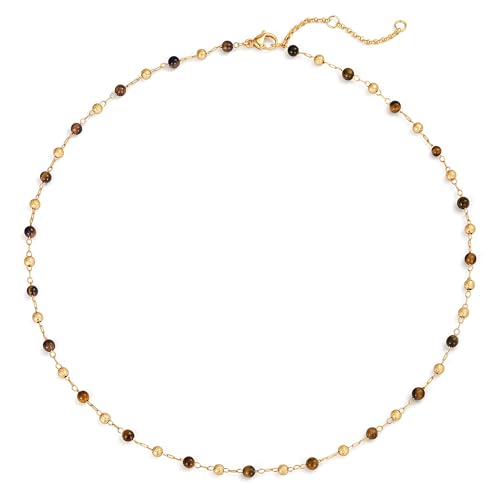 VACRONA Small Beads Choker Necklace for Women 14K Gold Plated Yellow Tiger's Eye Beads Station Link Chain Dainty Gold Boho Summer Jewelry for Women Trendy - Image 1