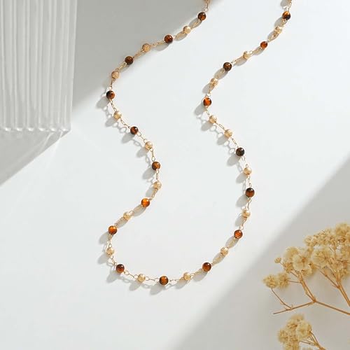 VACRONA Small Beads Choker Necklace for Women 14K Gold Plated Yellow Tiger's Eye Beads Station Link Chain Dainty Gold Boho Summer Jewelry for Women Trendy - Image 4