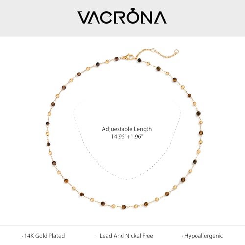 VACRONA Small Beads Choker Necklace for Women 14K Gold Plated Yellow Tiger's Eye Beads Station Link Chain Dainty Gold Boho Summer Jewelry for Women Trendy - Image 5