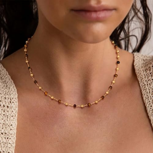 VACRONA Small Beads Choker Necklace for Women 14K Gold Plated Yellow Tiger's Eye Beads Station Link Chain Dainty Gold Boho Summer Jewelry for Women Trendy - Image 2