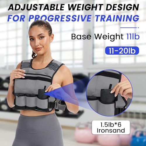 VBSD Adjustable Weighted Vest for Women Men 11-20LB Vest with 6 Ironsand Weights Body Weight Vest with Reflective Strip for Running Walking Strength Training Workouts Grey - Image 5