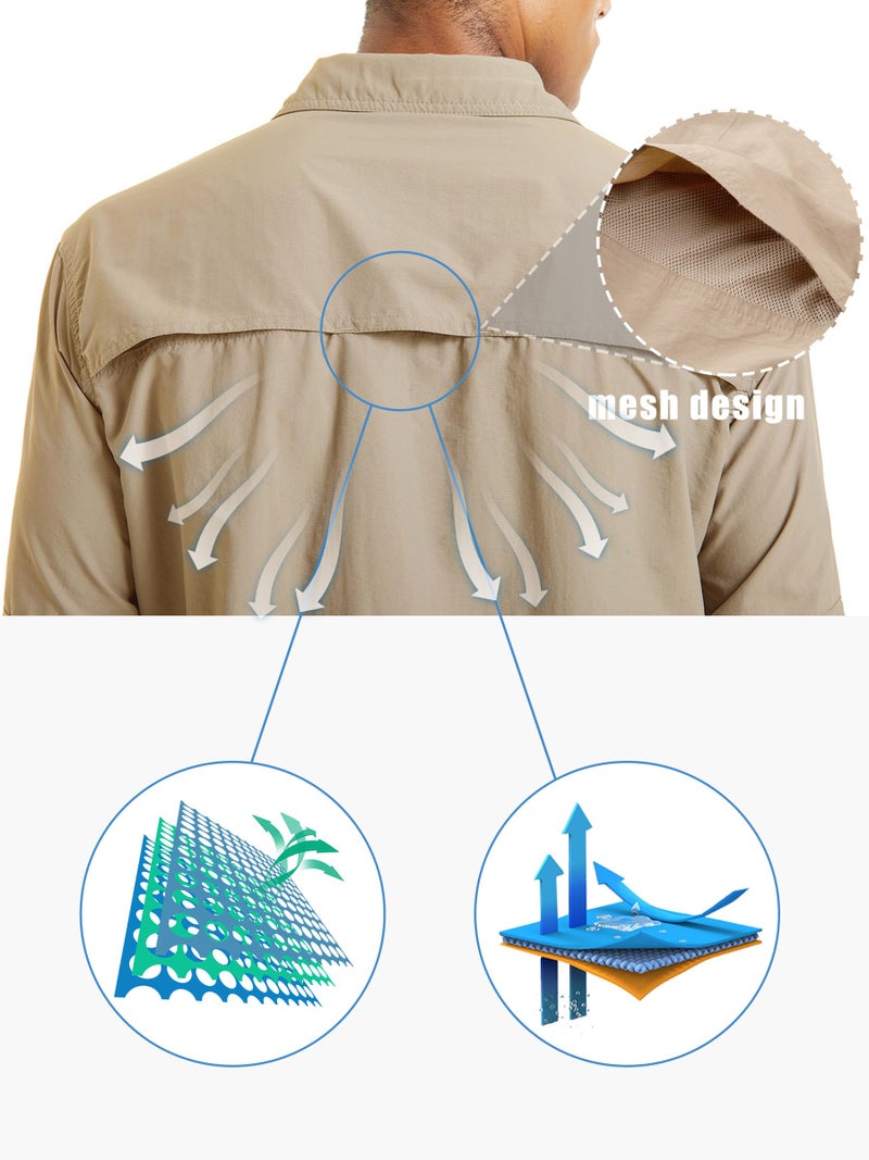 TACVASEN Fishing Shirts for Men Quick Dry Fit Long Sleeve Shirts Button Up Tactical Shirt Sun Protection Breathable Work Shirts Cooling Safari Khaki L - Image 5