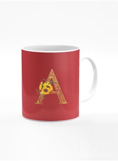 Designer Printed Coffee Mug 11oz Ceramic Personalised Gift Mugs Cup Custom Monogram Initial Letter Floral Pattern Alphabet A (Red Brown)