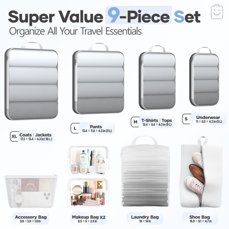 Veken 9/11 Set Compression Packing Cubes for Travel Essentials,Compressible Expandable Large Luggage Suitcase Organizer Bags for Clothing,Durable Space Saver Storage Bags with Toiletry Bags(White) - Image 2