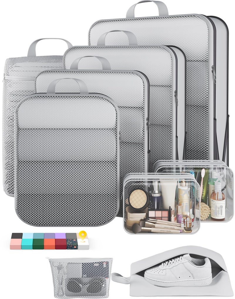 Veken 9/11 Set Compression Packing Cubes for Travel Essentials,Compressible Expandable Large Luggage Suitcase Organizer Bags for Clothing,Durable Space Saver Storage Bags with Toiletry Bags(White) - Image 1